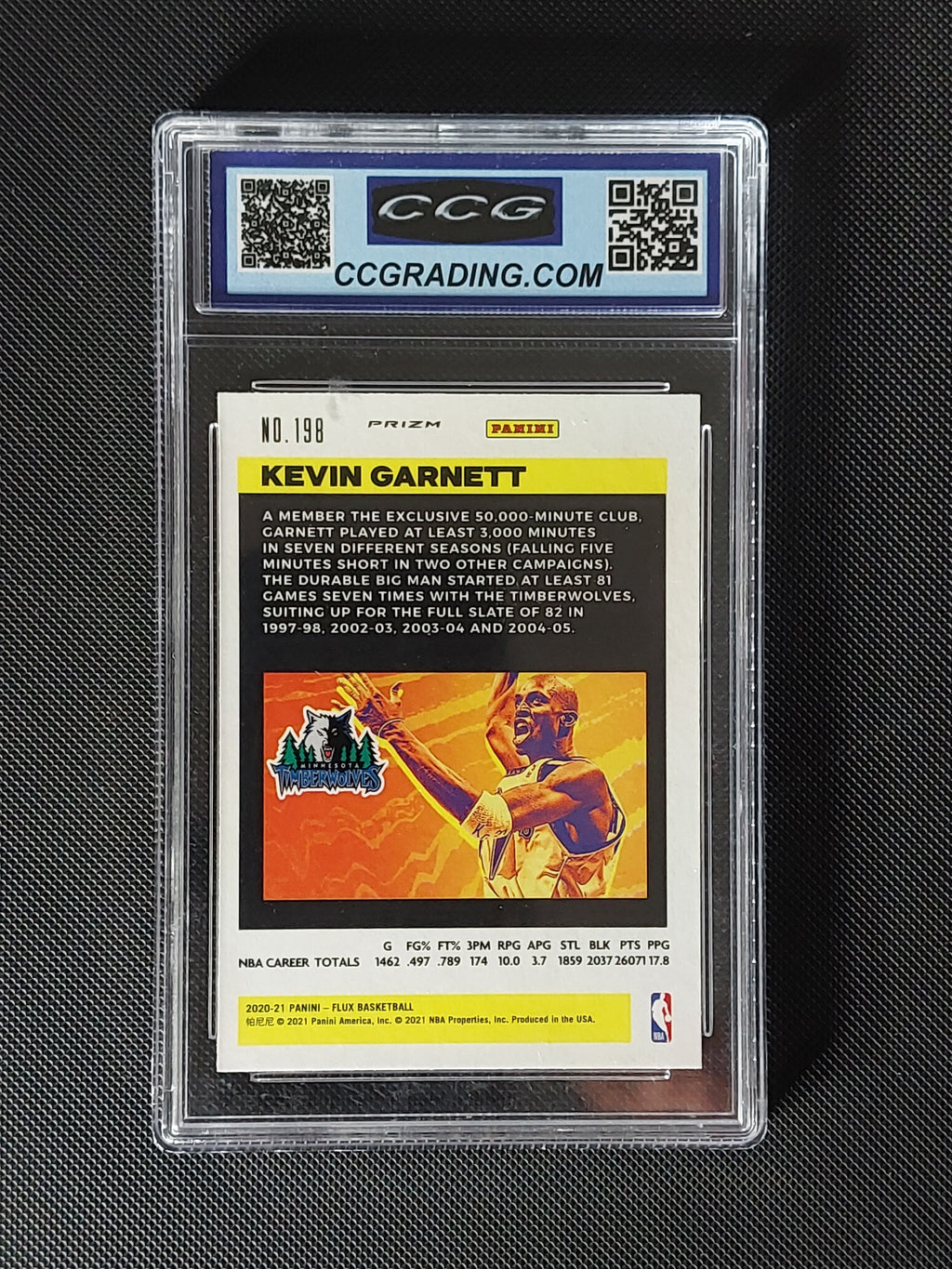 Back of 2020-21 Panini Flux Kevin Garnett #198 Silver Pulsar Prizm CCG Gem Mint 10 showing Minnesota Timberwolves artwork and card information.