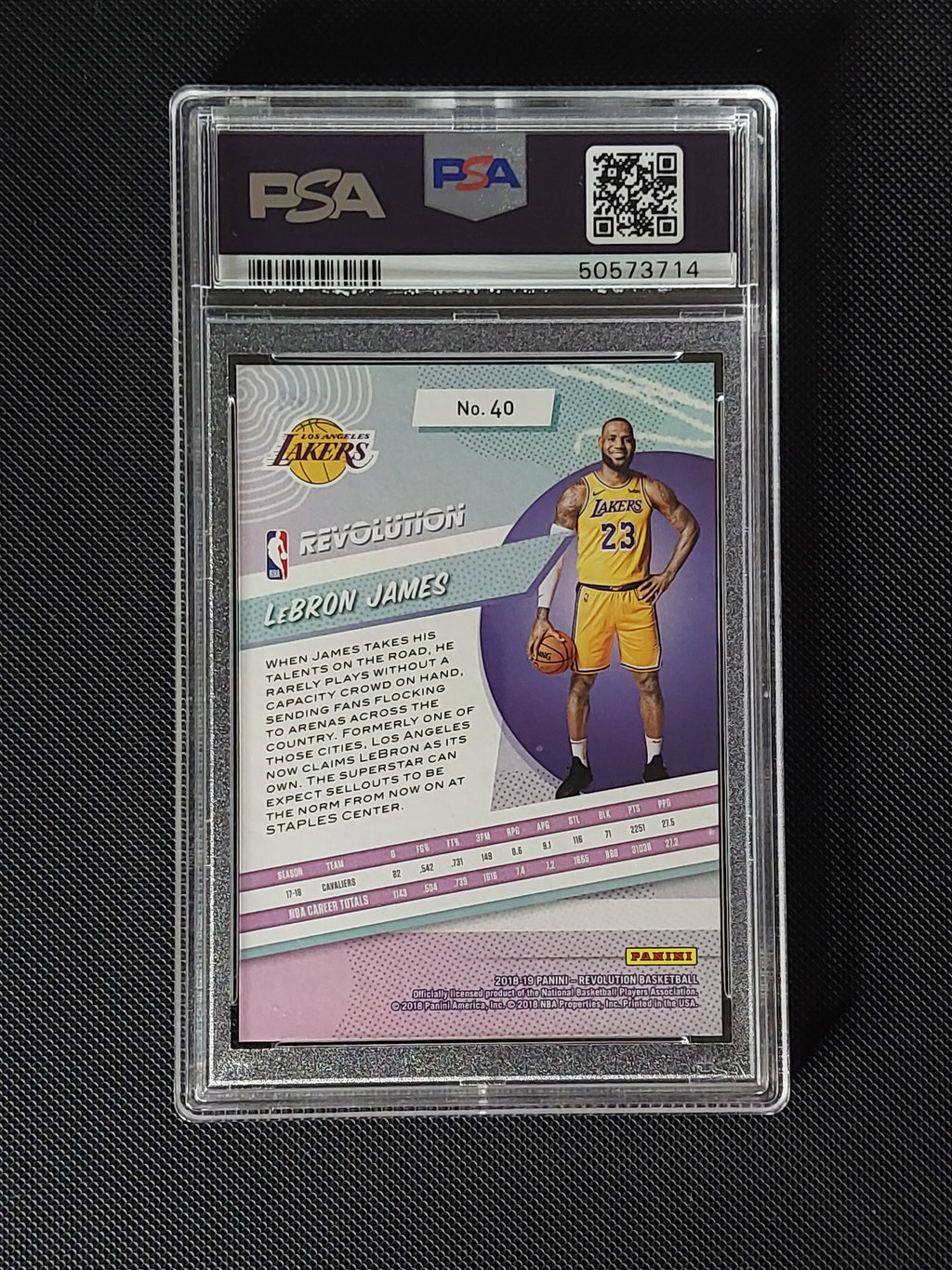 Back of 2018-19 Panini Revolution LeBron James #40 PSA 9 showing Los Angeles Lakers card information.