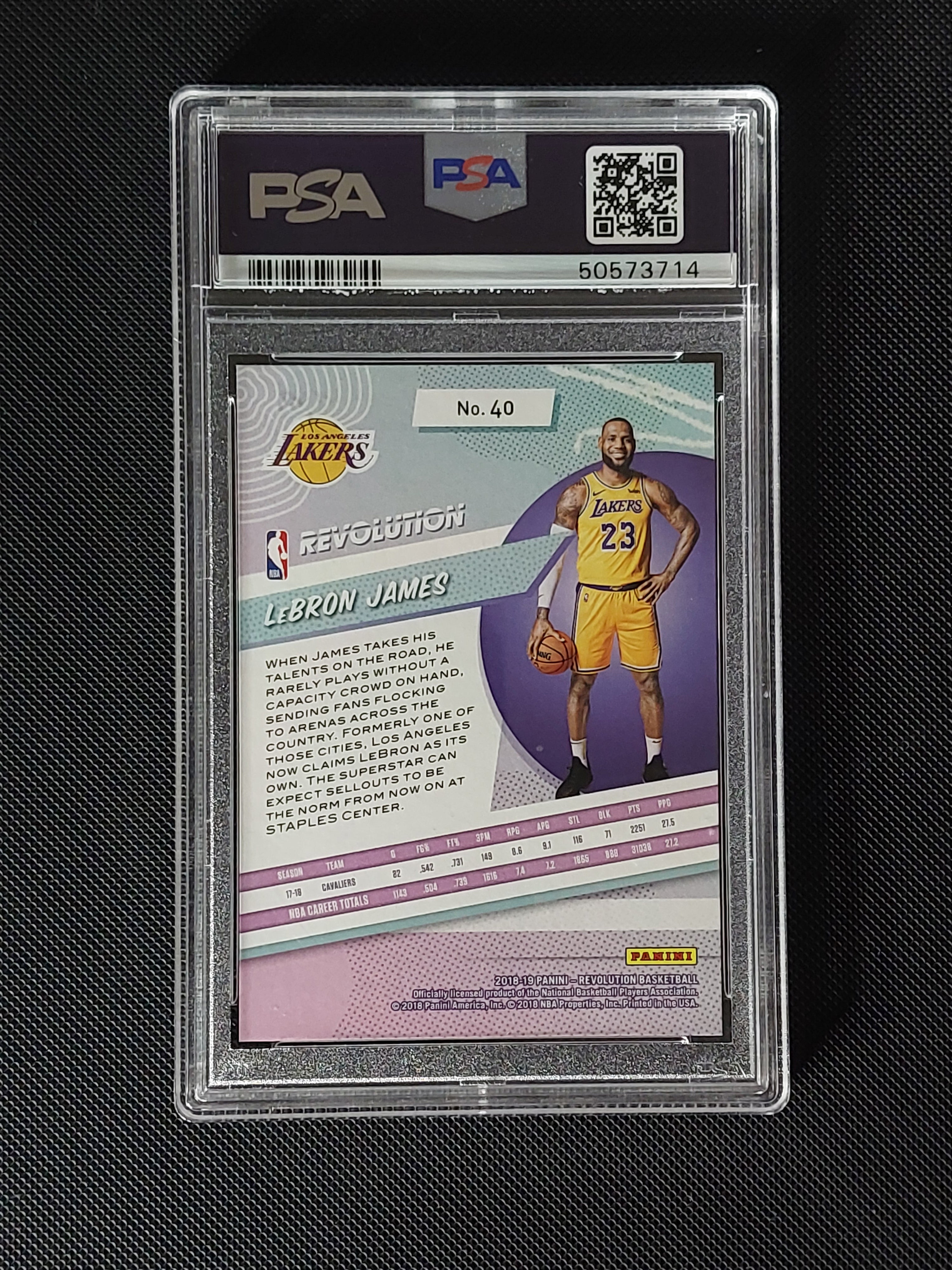 Back of 2018-19 Panini Revolution LeBron James #40 PSA 9 showing Los Angeles Lakers card information.