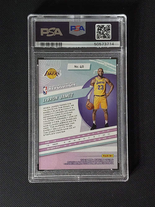 Back of 2018-19 Panini Revolution LeBron James #40 PSA 9 showing Los Angeles Lakers card information.
