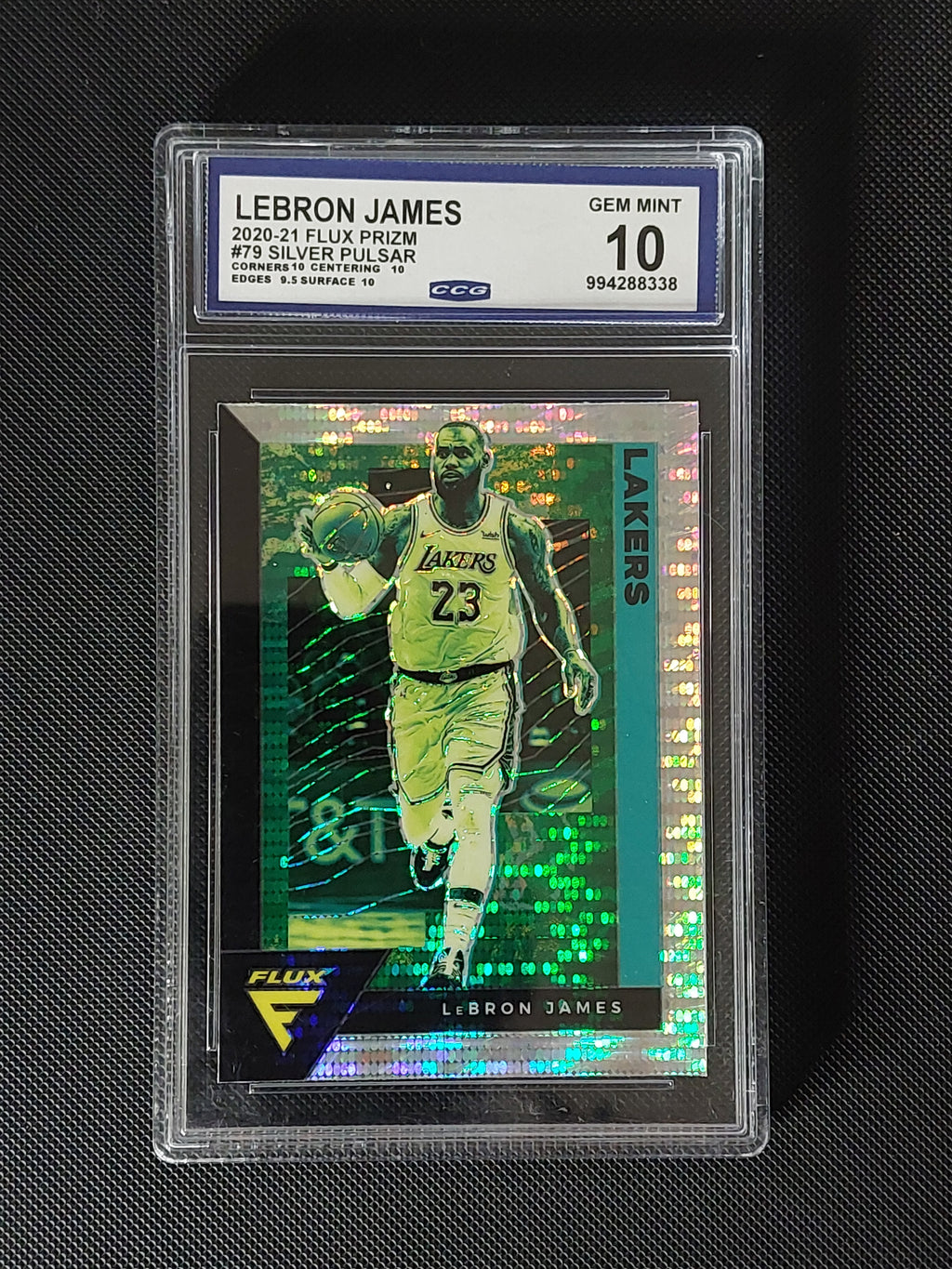 Front of 2020-21 Panini Flux LeBron James #79 Silver Pulsar Prizm graded CCG Gem Mint 10 with visible subgrades