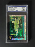 Front of 2020-21 Panini Flux LeBron James #79 Silver Pulsar Prizm graded CCG Gem Mint 10 with visible subgrades