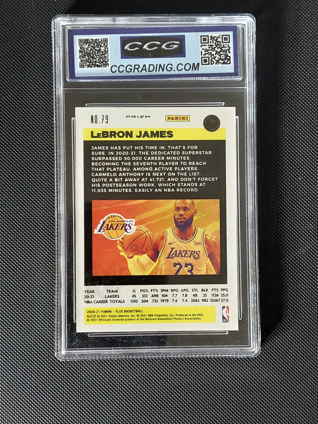 Back of 2020-21 Panini Flux LeBron James #79 Silver Pulsar Prizm CCG Gem Mint 10 showing Los Angeles Lakers card information.