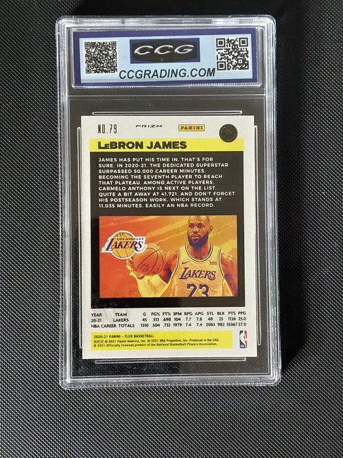 Back of 2020-21 Panini Flux LeBron James #79 Silver Pulsar Prizm CCG Gem Mint 10 showing Los Angeles Lakers card information.