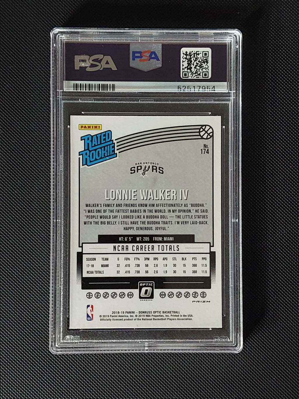 Back of 2018-19 Panini Donruss Optic Lonnie Walker IV #174 Blue Velocity Rated Rookie PSA 9 showing San Antonio Spurs card information.