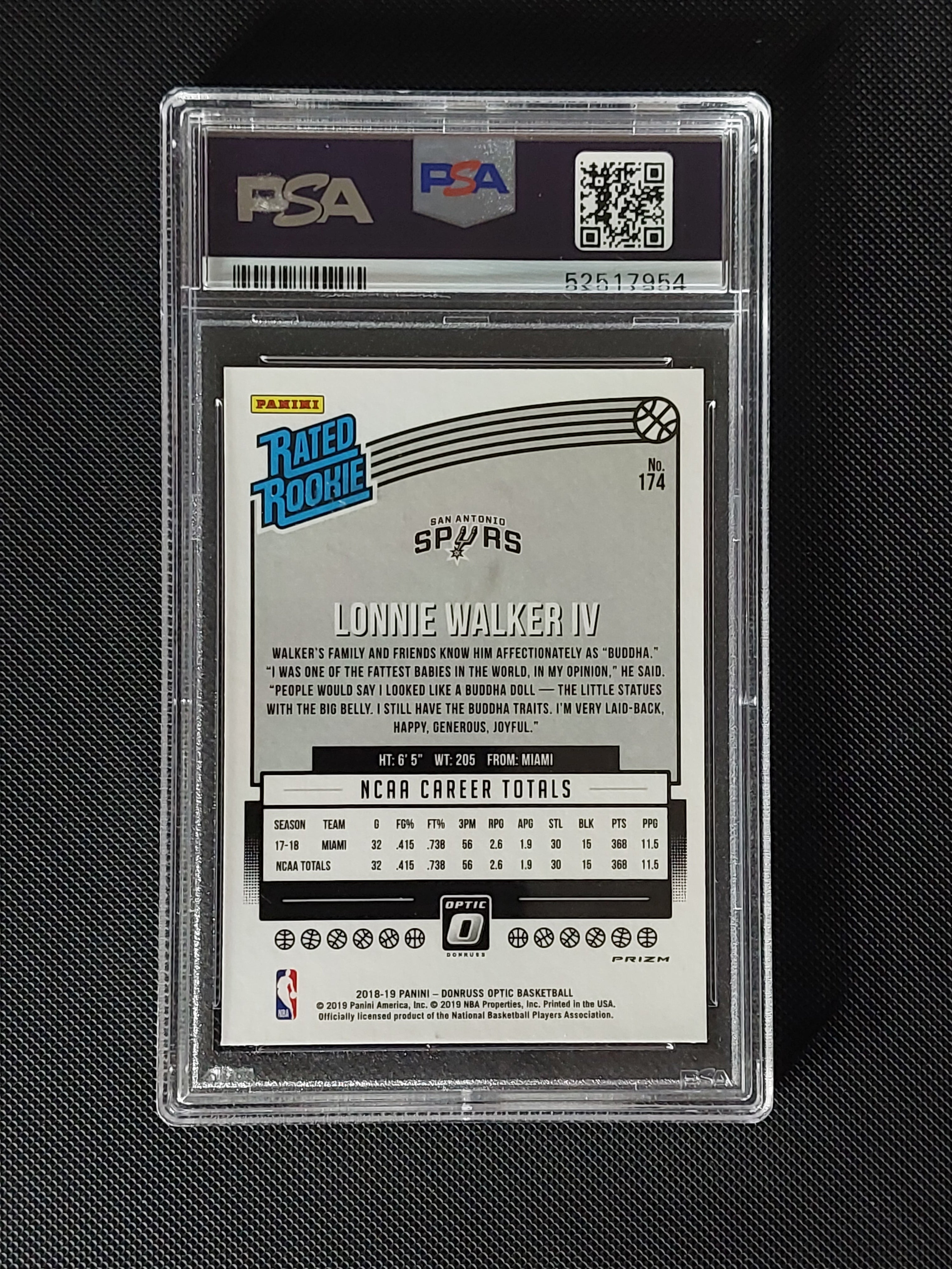 Back of 2018-19 Panini Donruss Optic Lonnie Walker IV #174 Blue Velocity Rated Rookie PSA 9 showing San Antonio Spurs card information.