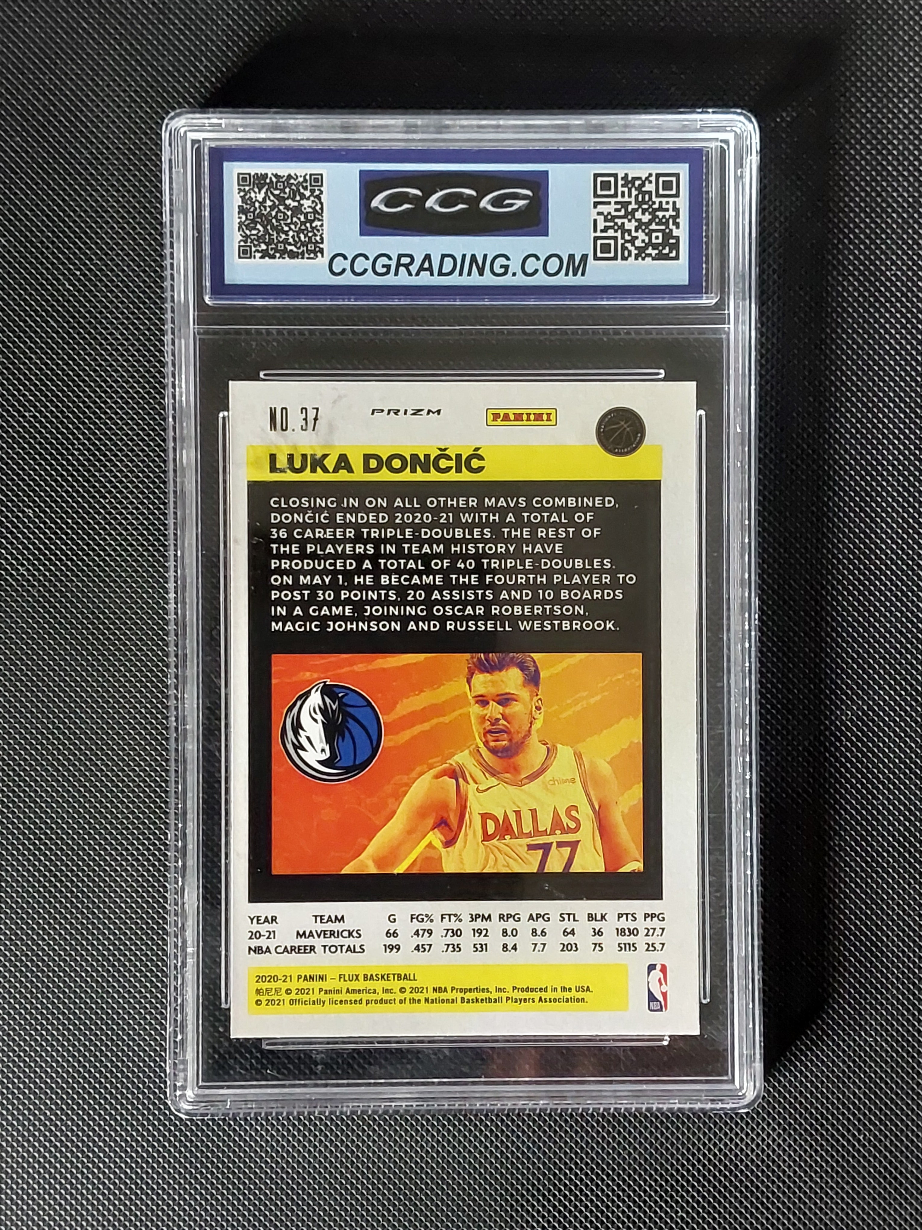 Back of Luka Dončić 2020-21 Panini Flux #37 Silver Pulsar Prizm CCG Gem Mint 10 showing Mavericks artwork and card information