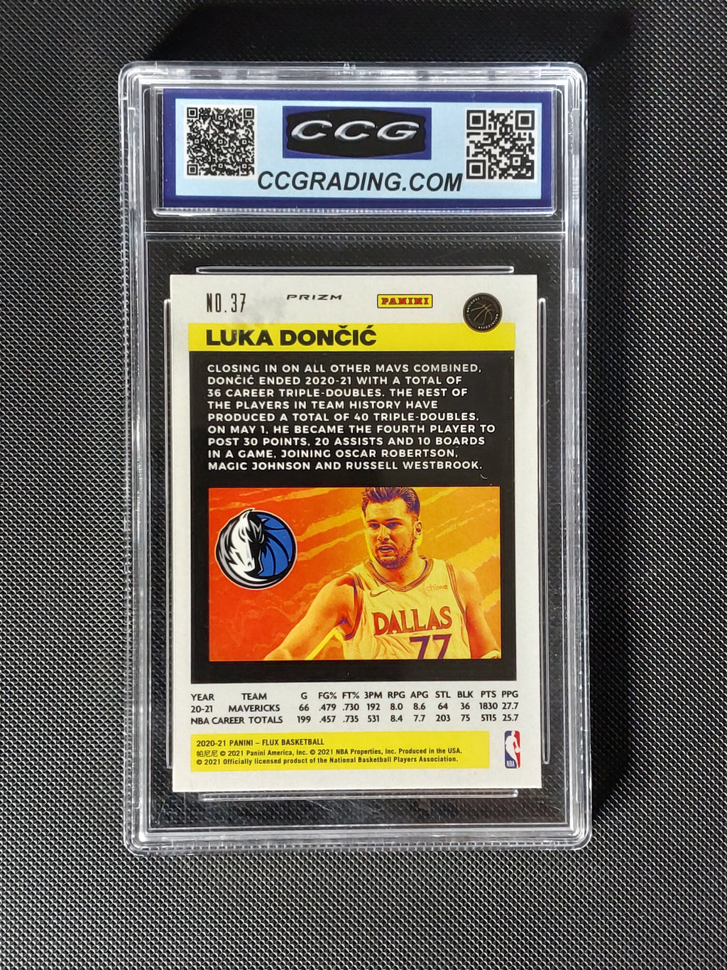 Back of Luka Dončić #37 Silver Pulsar Prizm CCG Gem Mint 10 showing Dallas Mavericks card details