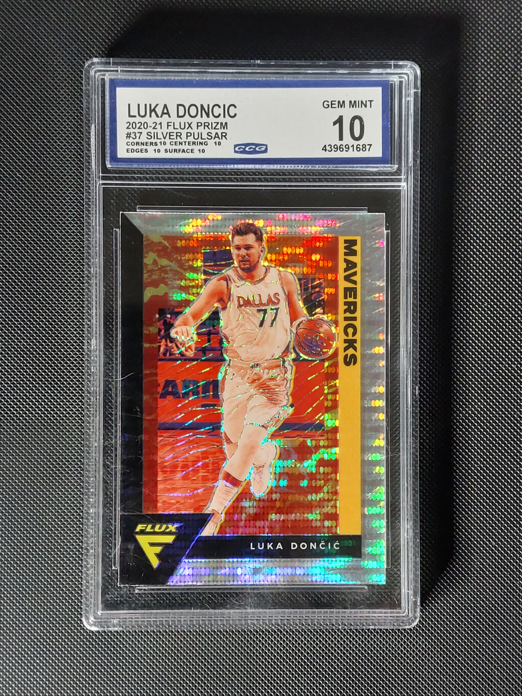 Front of 2020-21 Panini Flux Luka Dončić #37 Silver Pulsar Prizm graded CCG Gem Mint 10