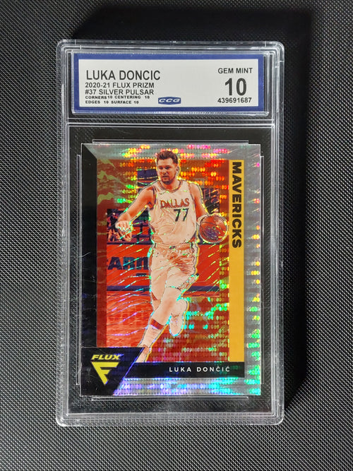 Front of 2020-21 Panini Flux Luka Dončić #37 Silver Pulsar Prizm graded CCG Gem Mint 10
