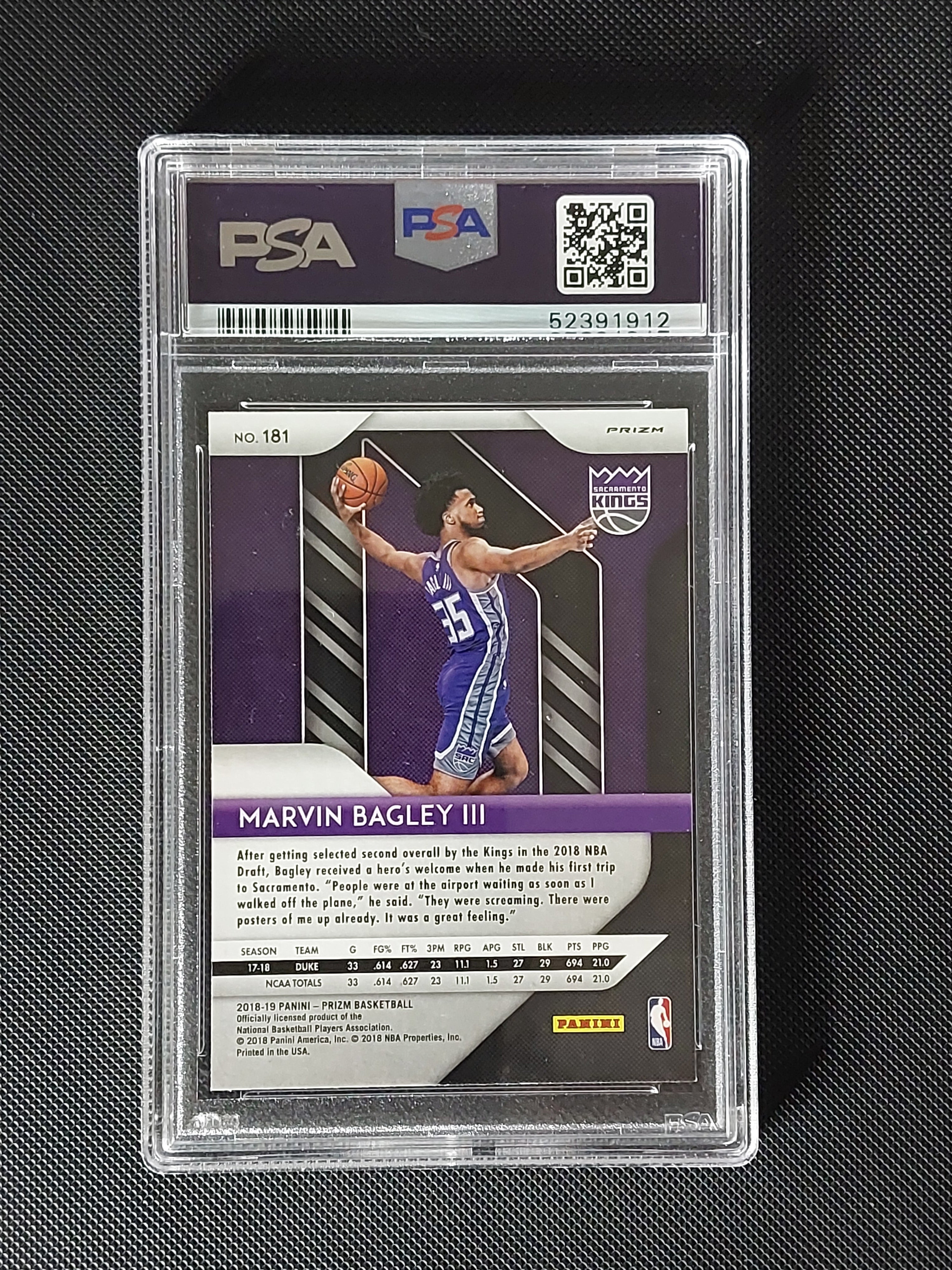 Back of 2018-19 Panini Prizm Marvin Bagley III #181 Red White & Blue Prizm Rookie PSA 9 showing Sacramento Kings card information.