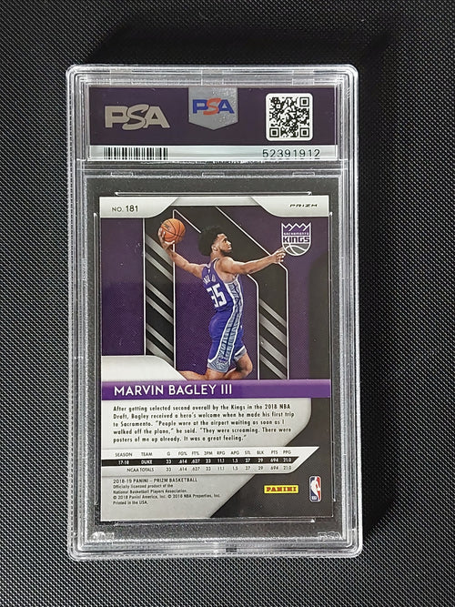 Back of 2018-19 Panini Prizm Marvin Bagley III #181 Red White & Blue Prizm Rookie PSA 9 showing Sacramento Kings card information.