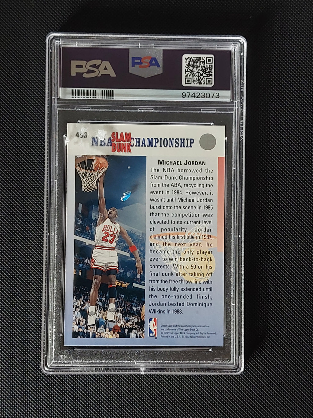 Back of 1992-93 Upper Deck Michael Jordan #453 corrected version PSA 9 showing Slam Dunk Championship information and card number 453.
