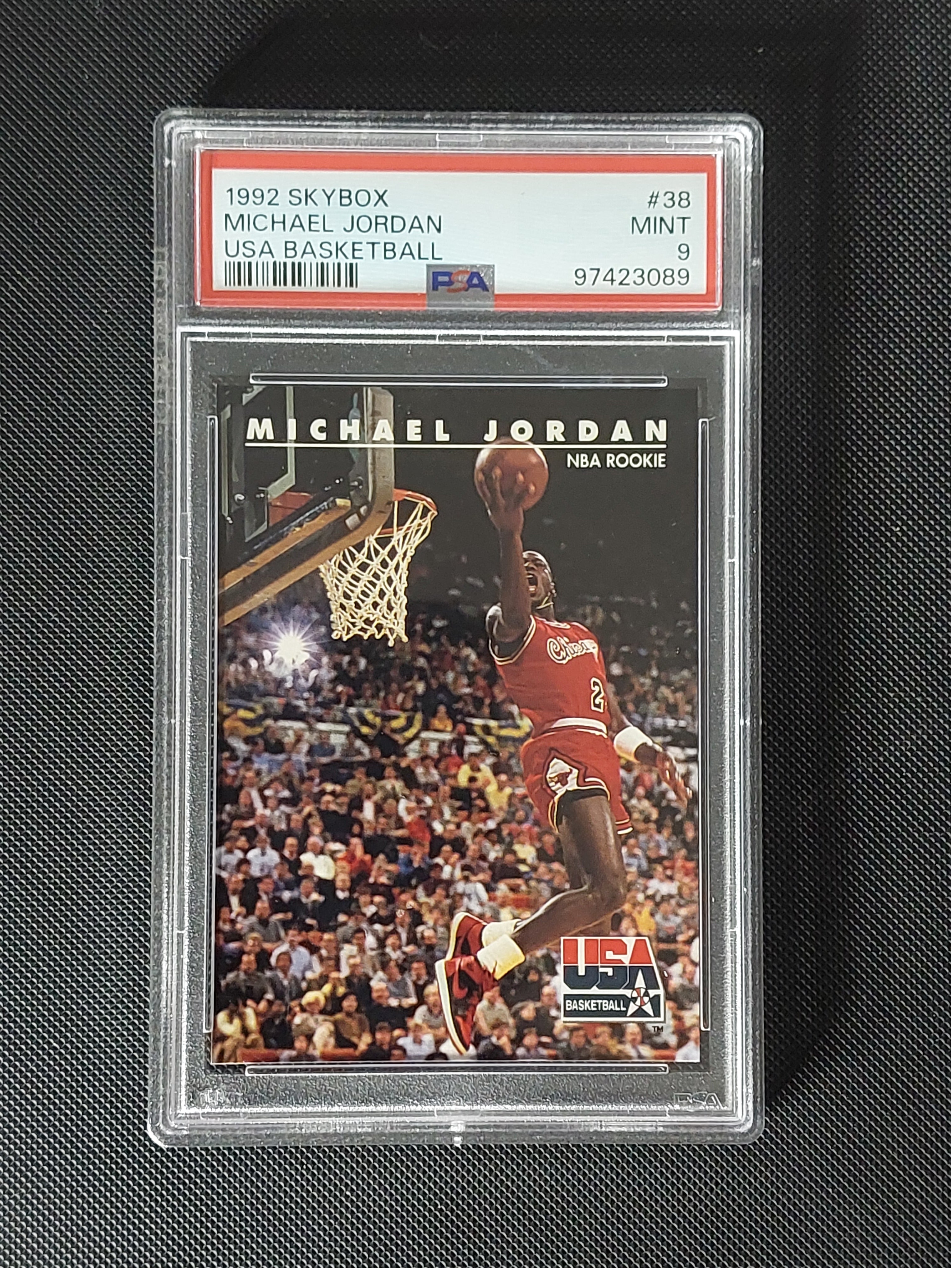 Front of 1992 SkyBox USA Basketball Michael Jordan #38 graded PSA Mint 9 showing Jordan in a Chicago Bulls uniform