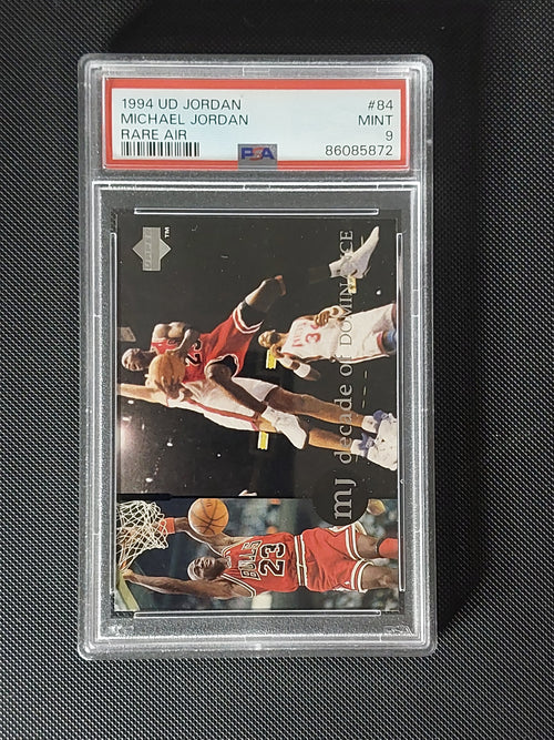 Front of 1994 Upper Deck Michael Jordan Rare Air #84 Decade of Dominance card graded PSA Mint 9