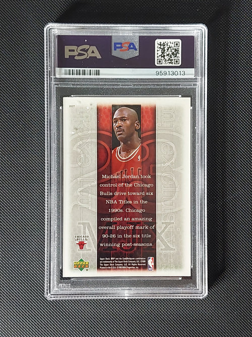 Back of 1999-00 Upper Deck MVP Michael Jordan #201 MJ Exclusives PSA Mint 9 card in PSA slab.