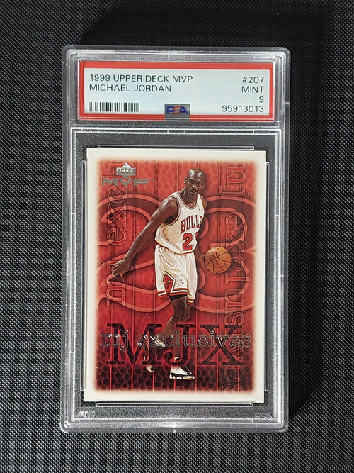 Front of 1999-00 Upper Deck MVP Michael Jordan #201 MJ Exclusives graded PSA Mint 9 showing Chicago Bulls artwork
