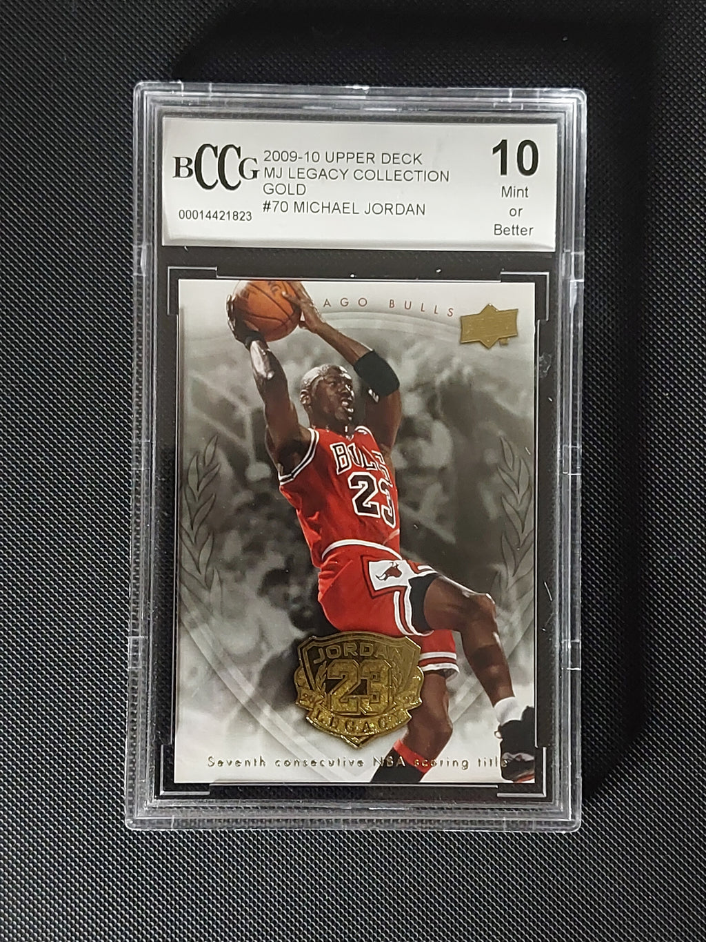 Front of 2009-10 Upper Deck Michael Jordan MJ Legacy Collection Gold #70 graded BCCG 10 Mint or Better
