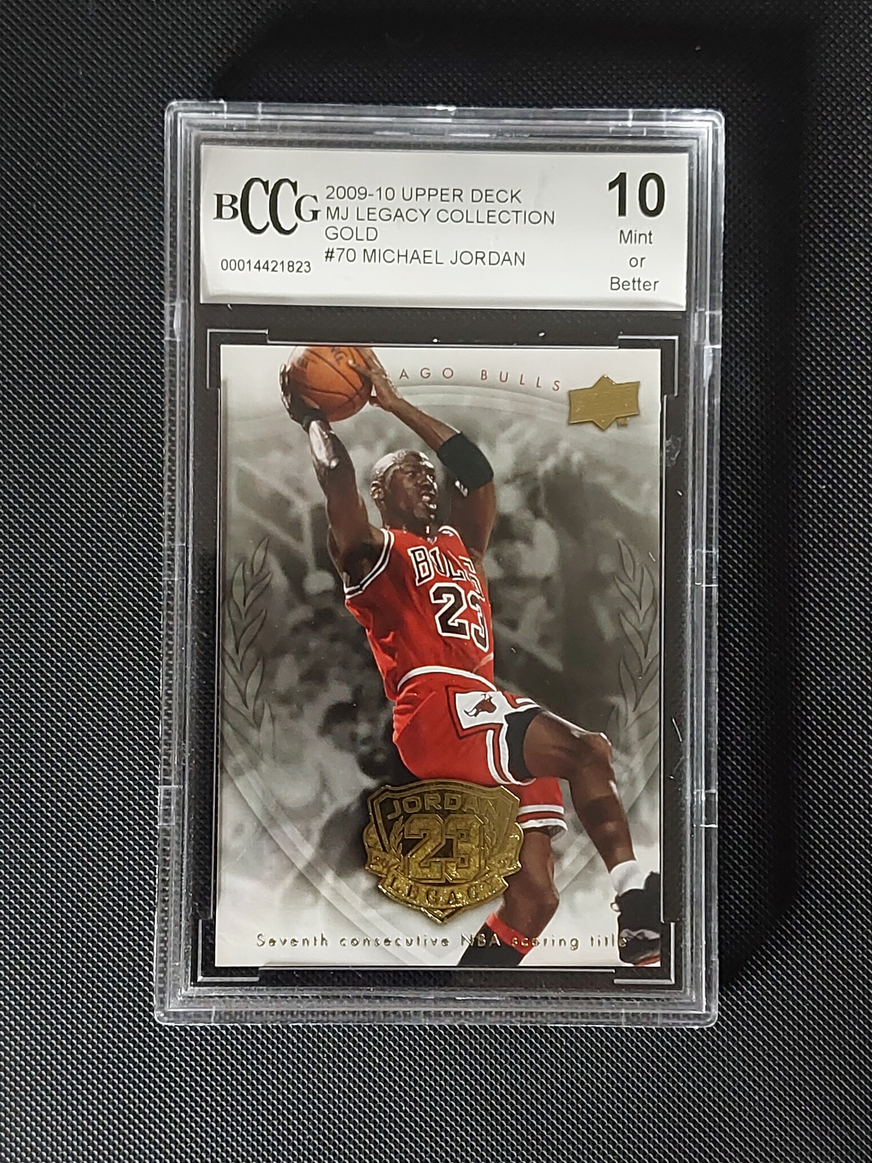 Front of 2009-10 Upper Deck Michael Jordan MJ Legacy Collection Gold #70 graded BCCG 10 Mint or Better