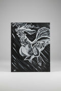 Front view of original 20 × 16 inch handmade Pokémon Reshiram canvas artwork created over a hand-painted black background.

Close-up of hand-drawn Reshiram details and shading applied over a painted black canvas surface.

Original black and white Pokémon Reshiram wall artwork featuring a fully hand-painted black canvas base and hand-created illustration.