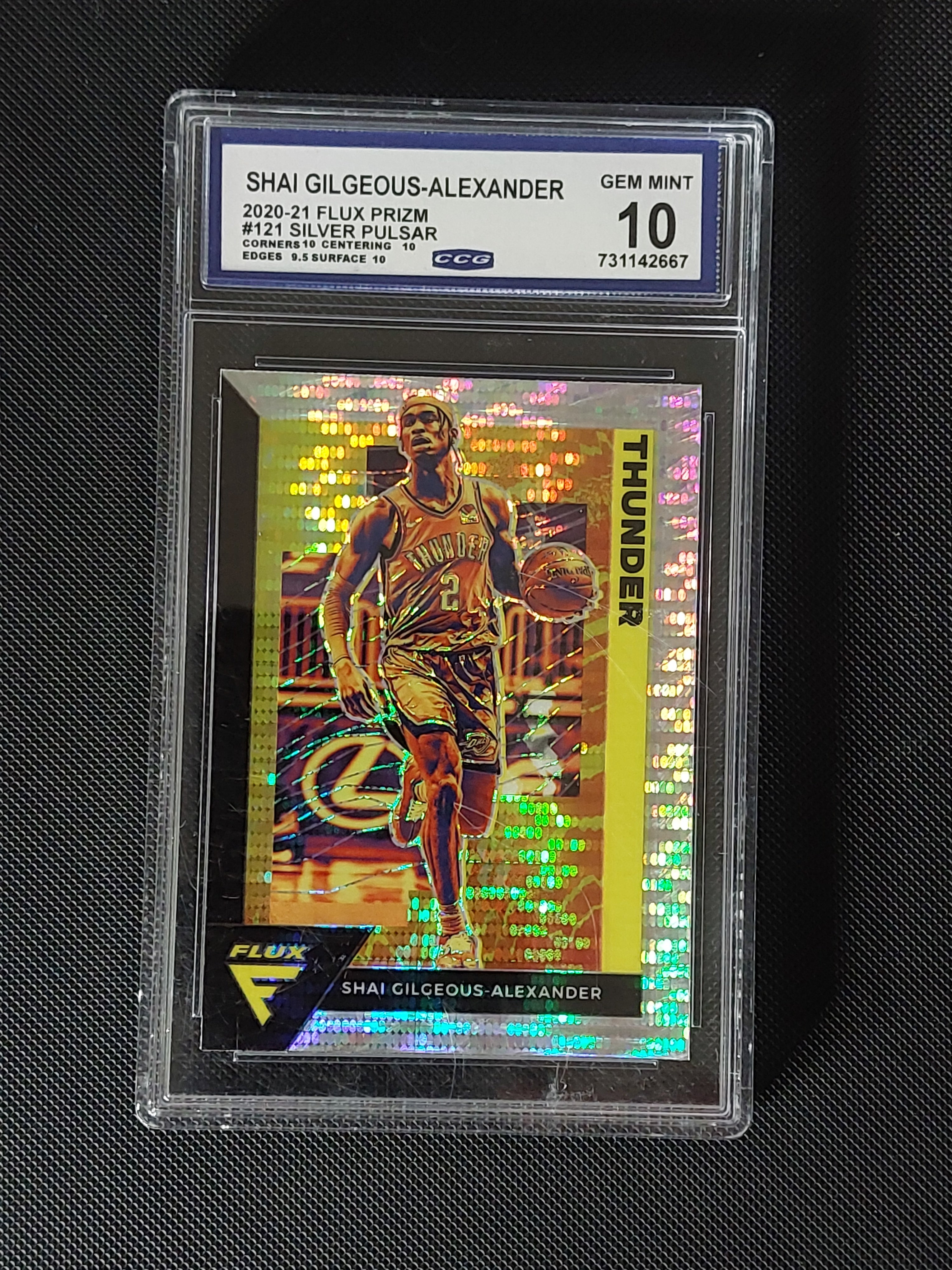 Front of 2020-21 Panini Flux Shai Gilgeous-Alexander #121 Silver Pulsar Prizm graded CCG Gem Mint 10 with visible subgrades