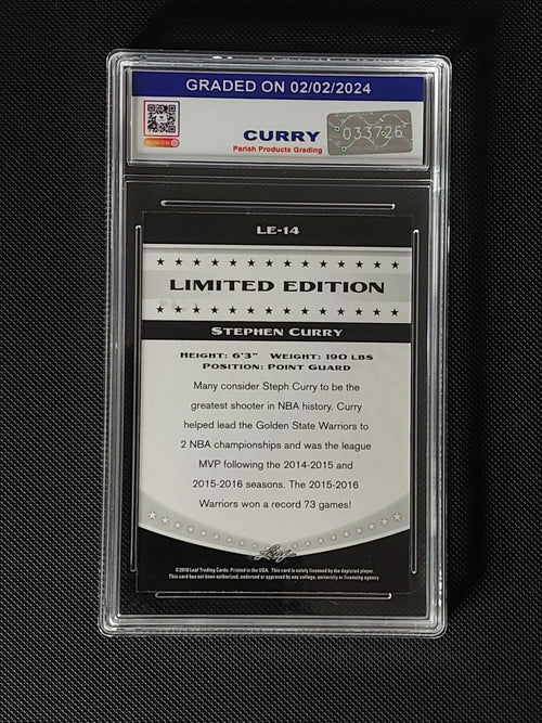 Back of 2018 Leaf Limited Edition Stephen Curry #LE-14 PPG Mint 9 showing Limited Edition card information and Warriors details.