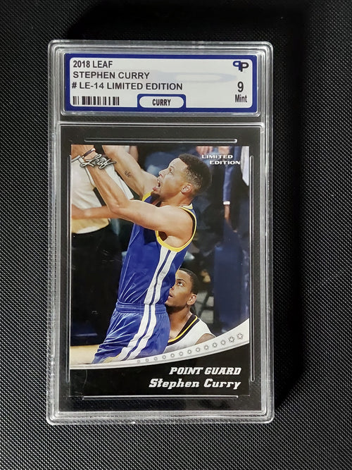 Front of 2018 Leaf Limited Edition Stephen Curry #LE-14 graded PPG Mint 9 showing Golden State Warriors action image