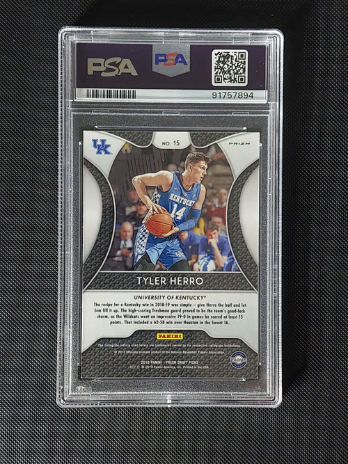Back of 2019 Panini Prizm Draft Picks Tyler Herro #15 Blue Prizm Rookie PSA 9 showing University of Kentucky card information.