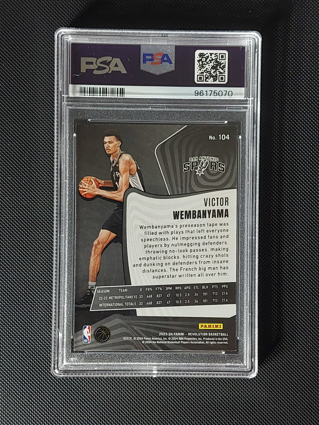 Back of 2023-24 Panini Revolution Victor Wembanyama #104 Sunburst Rookie PSA 8 showing San Antonio Spurs card information.