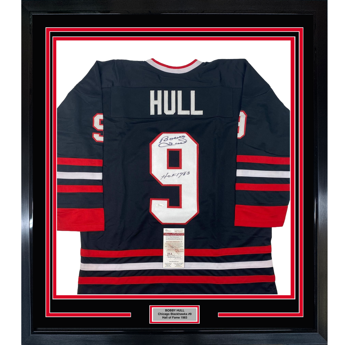 Framed Autographed/Signed Bobby Hull HOF 1983 35x39 Chicago Black Hockey Jersey JSA COA