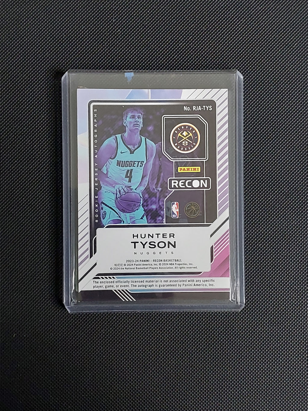 Back of Hunter Tyson 2023-24 Panini Recon Rookie Jersey Autographs #RJA-TYS showing rookie card information and 26/99 serial numbering.