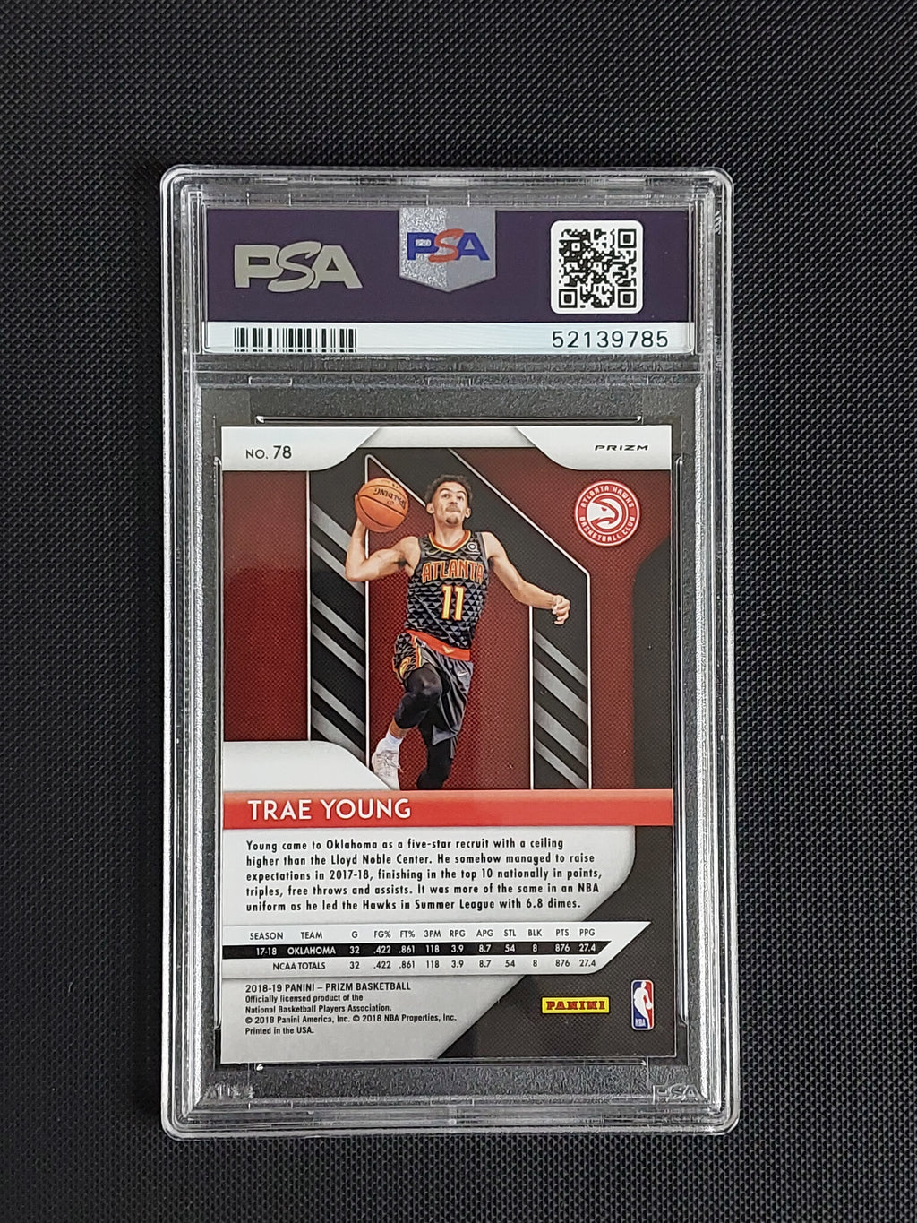 Back of 2018-19 Panini Prizm Trae Young #78 Green Prizm rookie PSA 9 showing Atlanta Hawks card details and PSA certification.