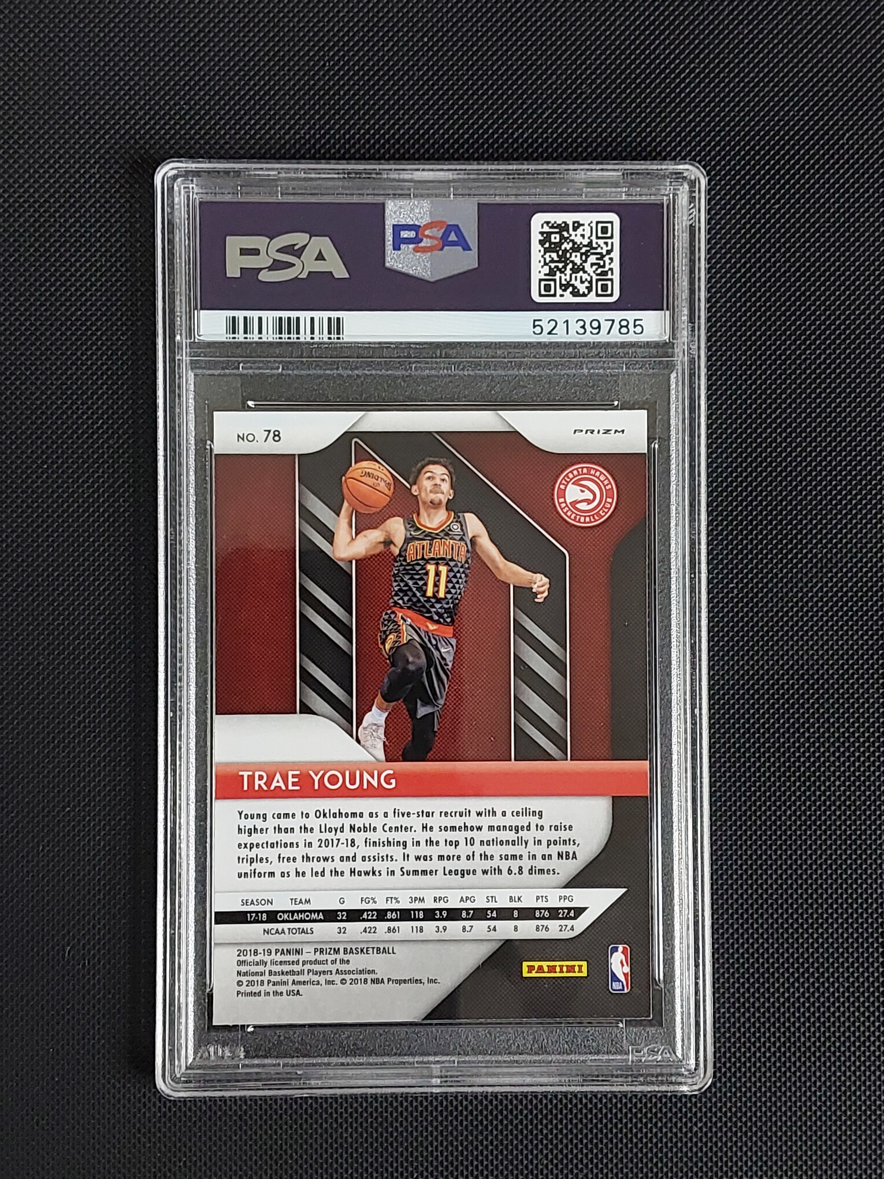 Back of 2018-19 Panini Prizm Trae Young #78 Green Prizm rookie PSA 9 showing Atlanta Hawks card details and PSA certification.