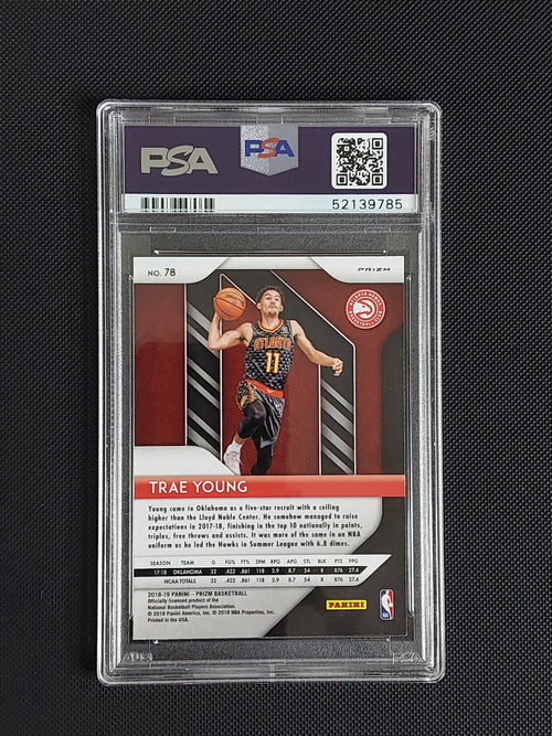 Back of 2018-19 Panini Prizm Trae Young #78 Green Prizm rookie PSA 9 showing Atlanta Hawks card details and PSA certification.