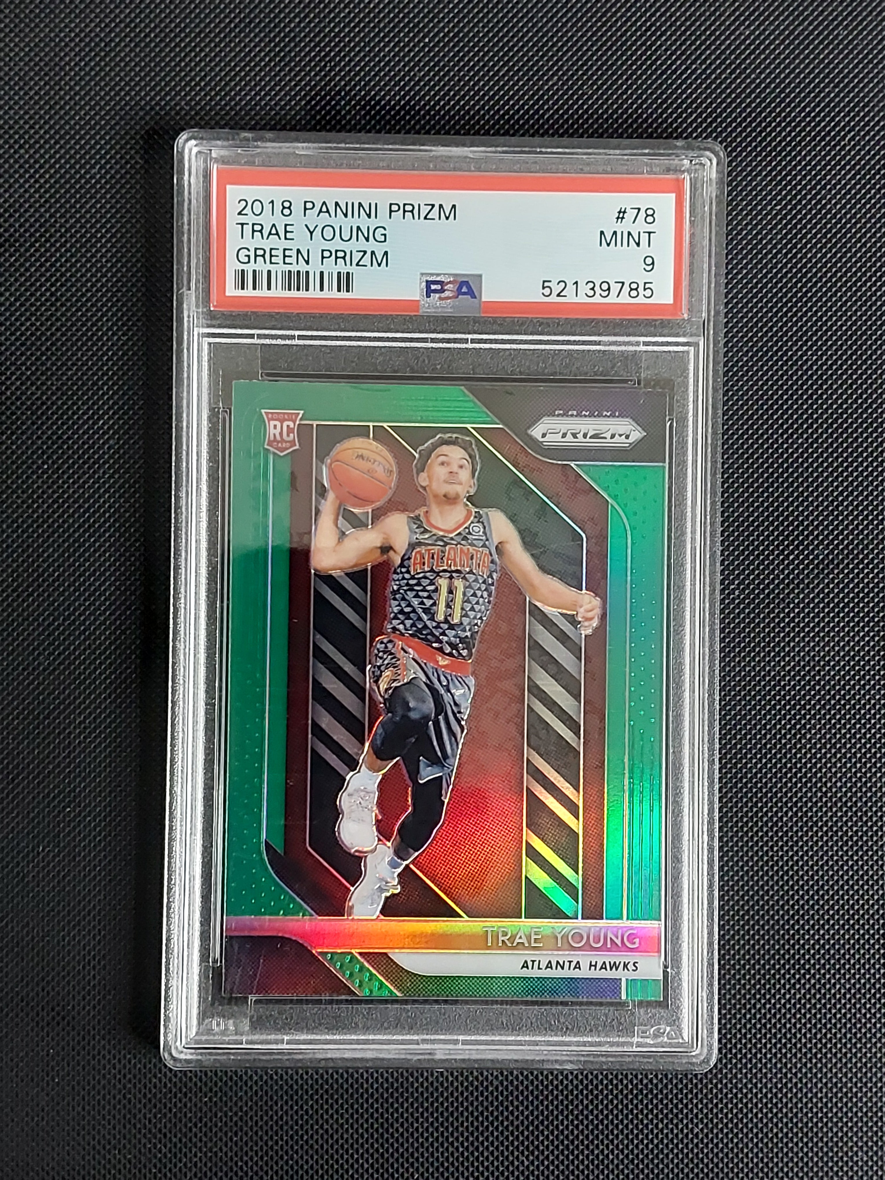2018-19 Panini Prizm Trae Young #78 Green Prizm rookie card PSA 9 Mint Atlanta Hawks RC.